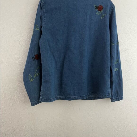 Quacker Factory Denim Beaded Lady Bug long Sleeve Button down Blouse S - Picture 8 of 10